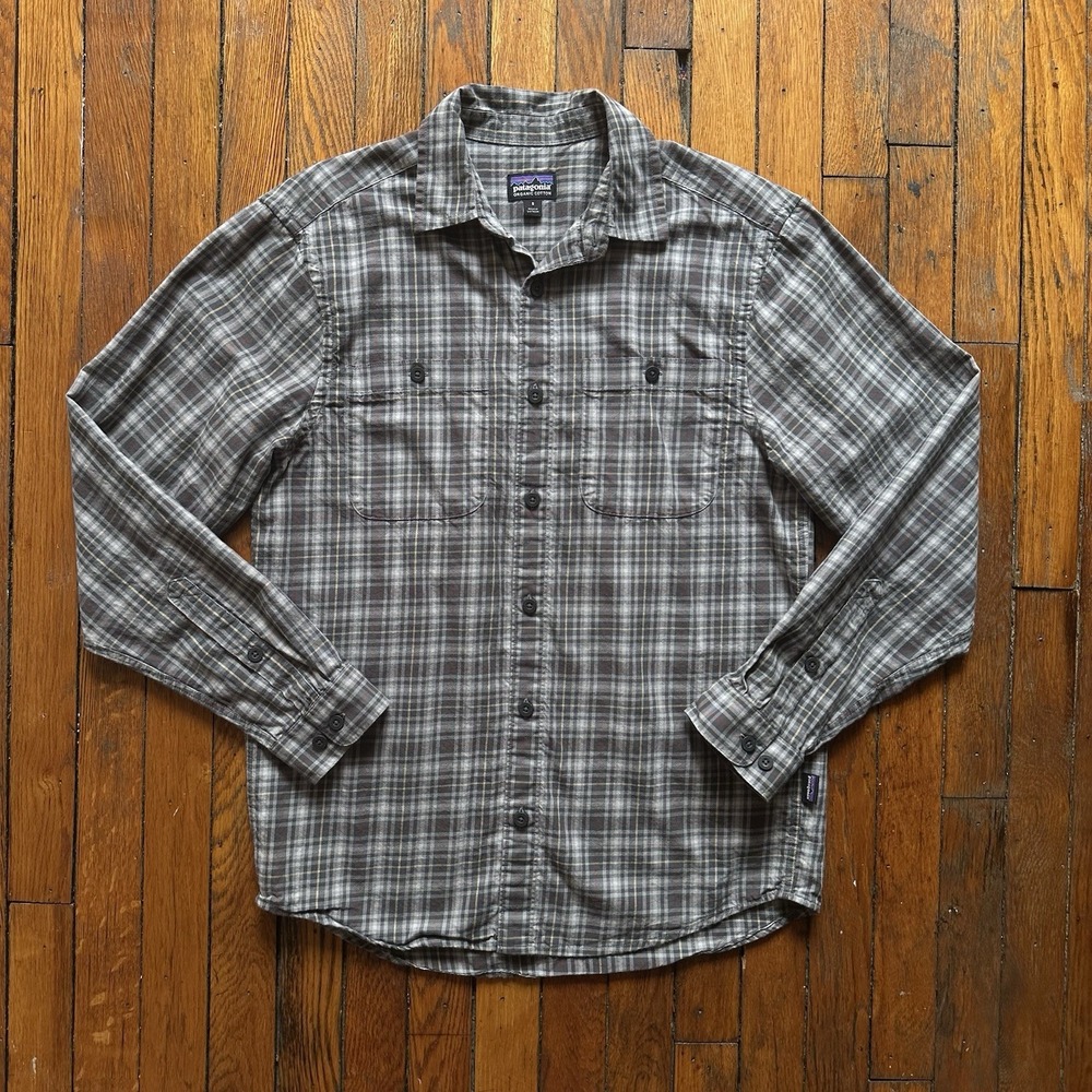 Patagonia Organic Cotton Long Sleeve Button Down Shirt White Grey Checked Mens S